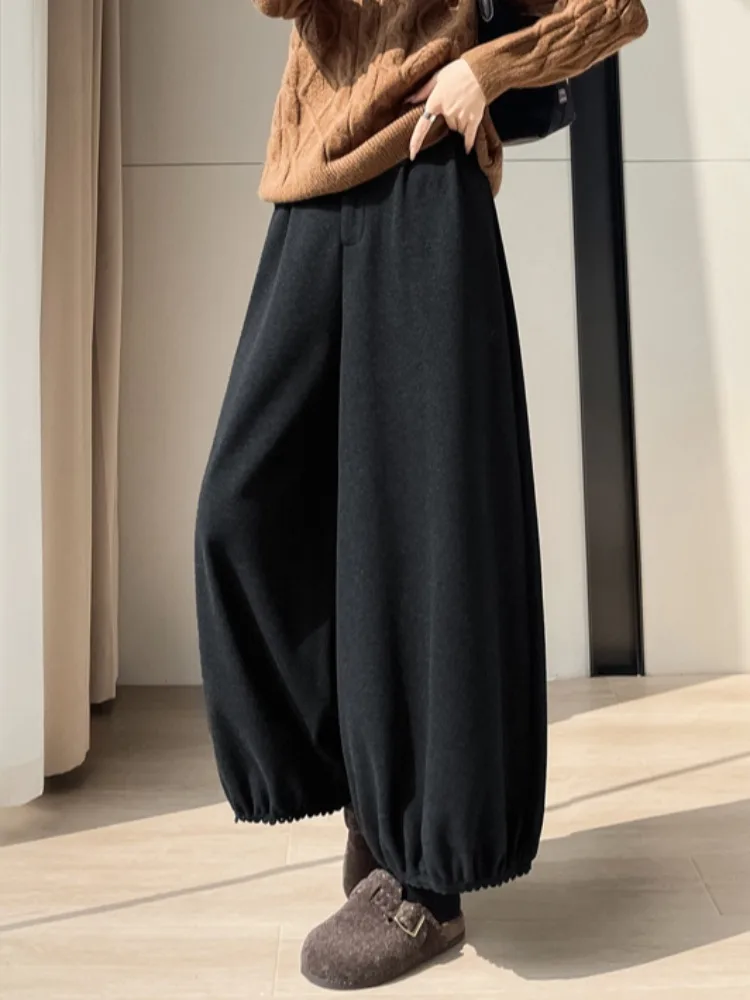 Thiened Fce pantalones de pierna ancha de cintura alta para mujer Otoño Invierno diseño sensación encaje tubo recto Casual nueve pantalones tipo farol