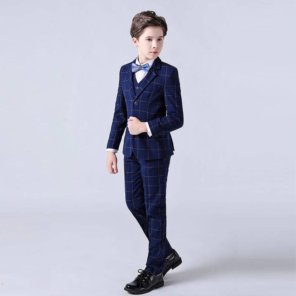 

Boys Tuxedo Children Blue Plaid Pageant Outfits Baby Young Birthday Clothes Teenager Formal Costume Gentlemen Performance Blazer