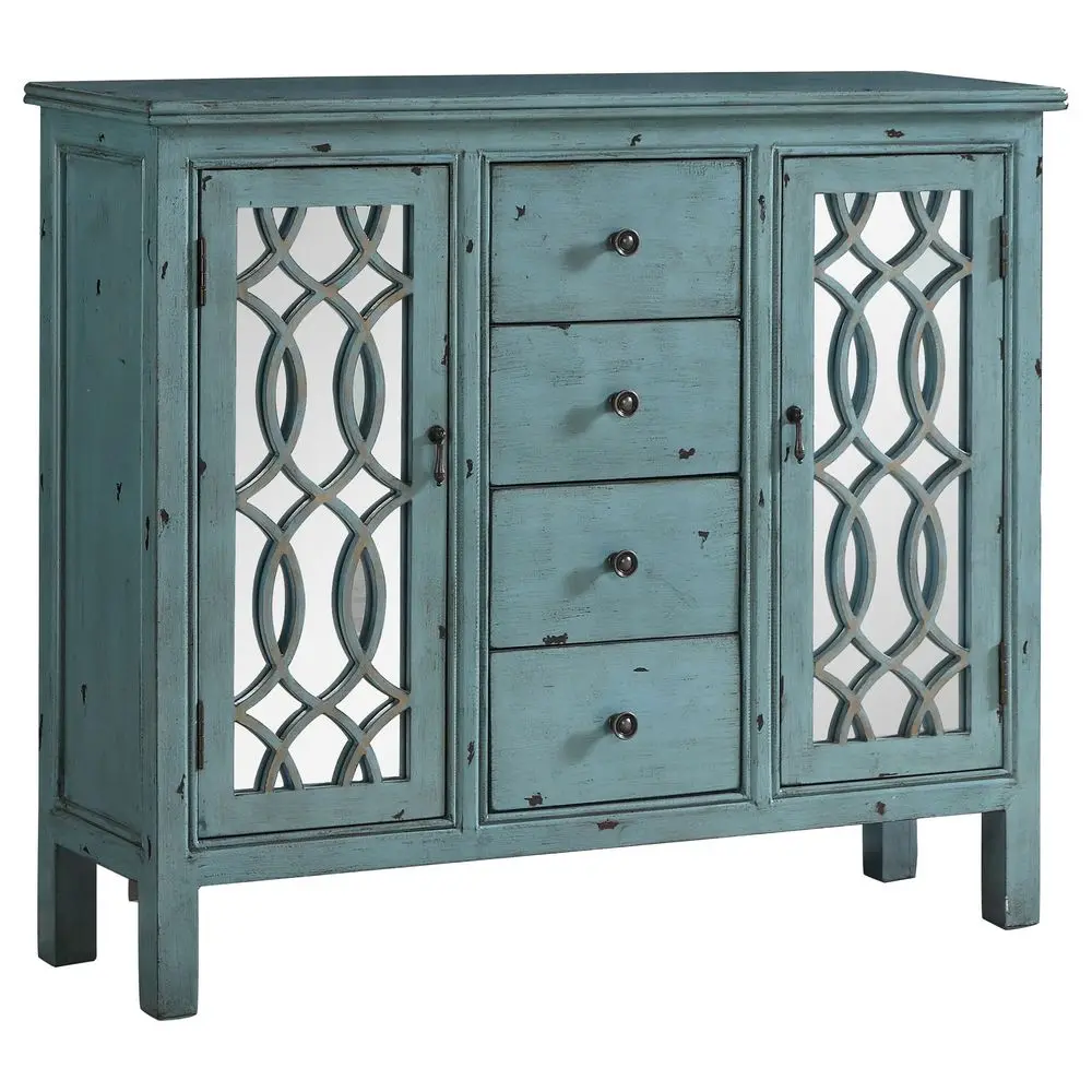 

Home Furnishings Rue 4Drawer Wood Accent Cabinet with Farmhouse Style, Trellis Pattern, Doors amp Shelves Living Room, Entryway