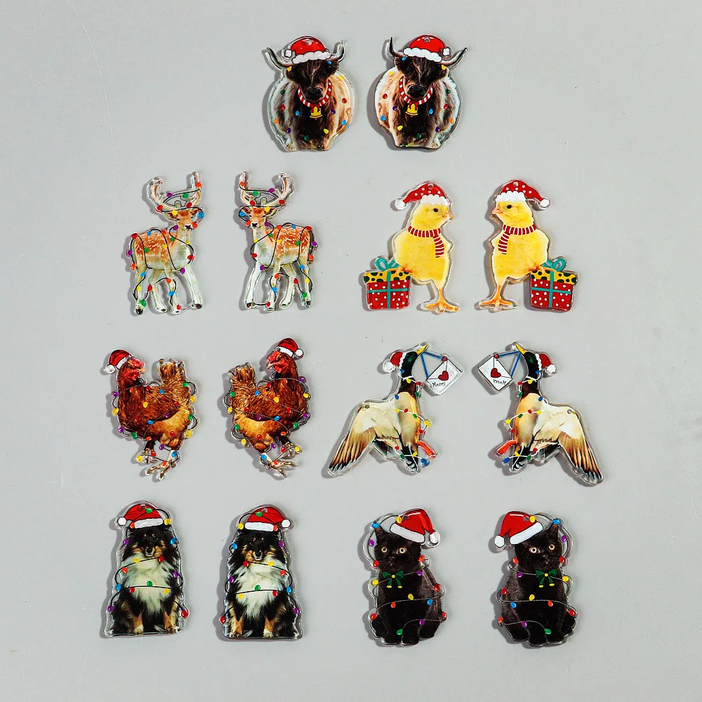 10 Stück Weihnachten niedliche Tier Acryl Charms Cartoon Elch Huhn Hund Katze Rinder Anhänger für DIY Schmuckherstellung Ohrring Zubehör