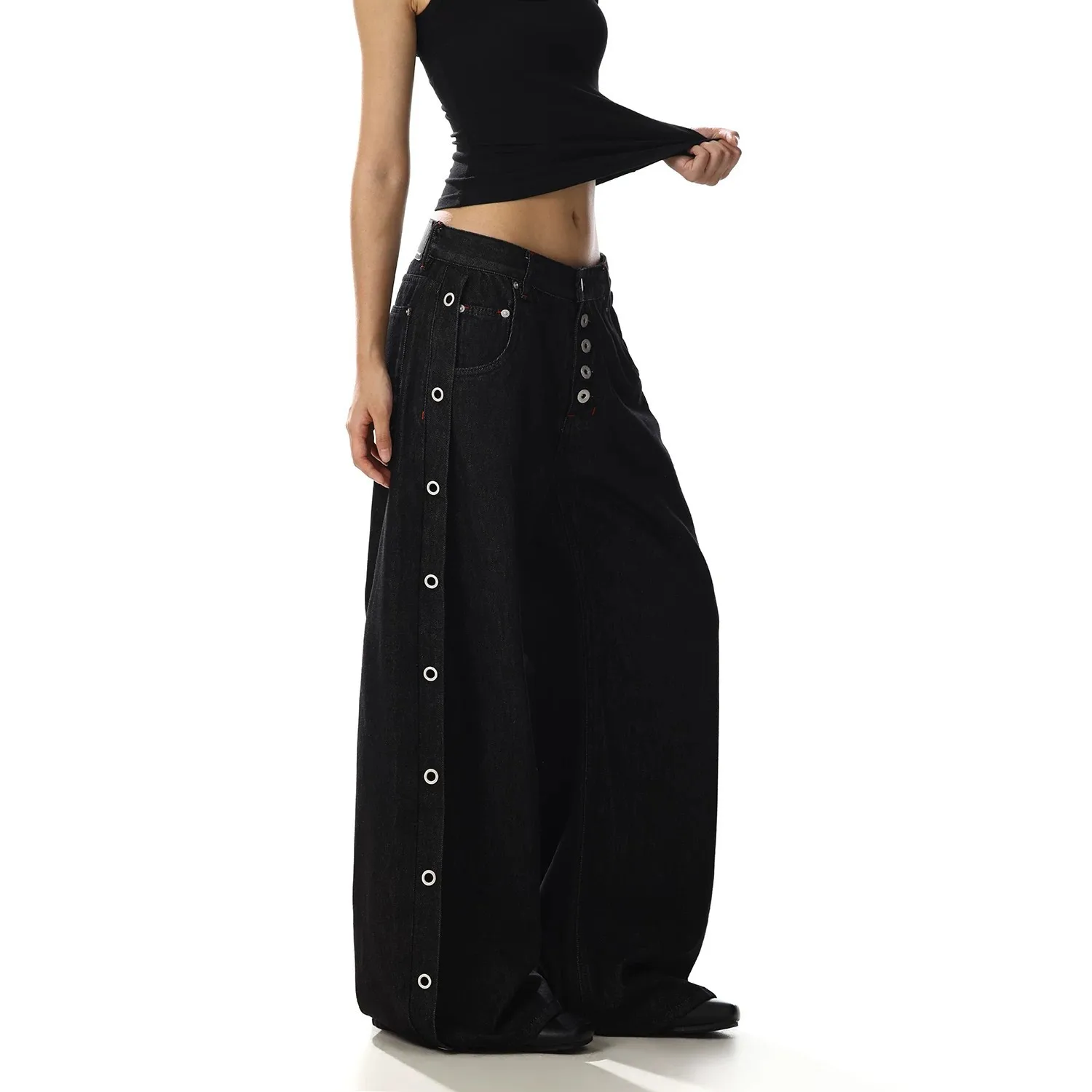 YJKDYK Women's Black Gothic Style Cargo Jeans Pants Y2K Harajuku High Street Aesthetic Vintage Wide Leg Denim Trousers Clothing
