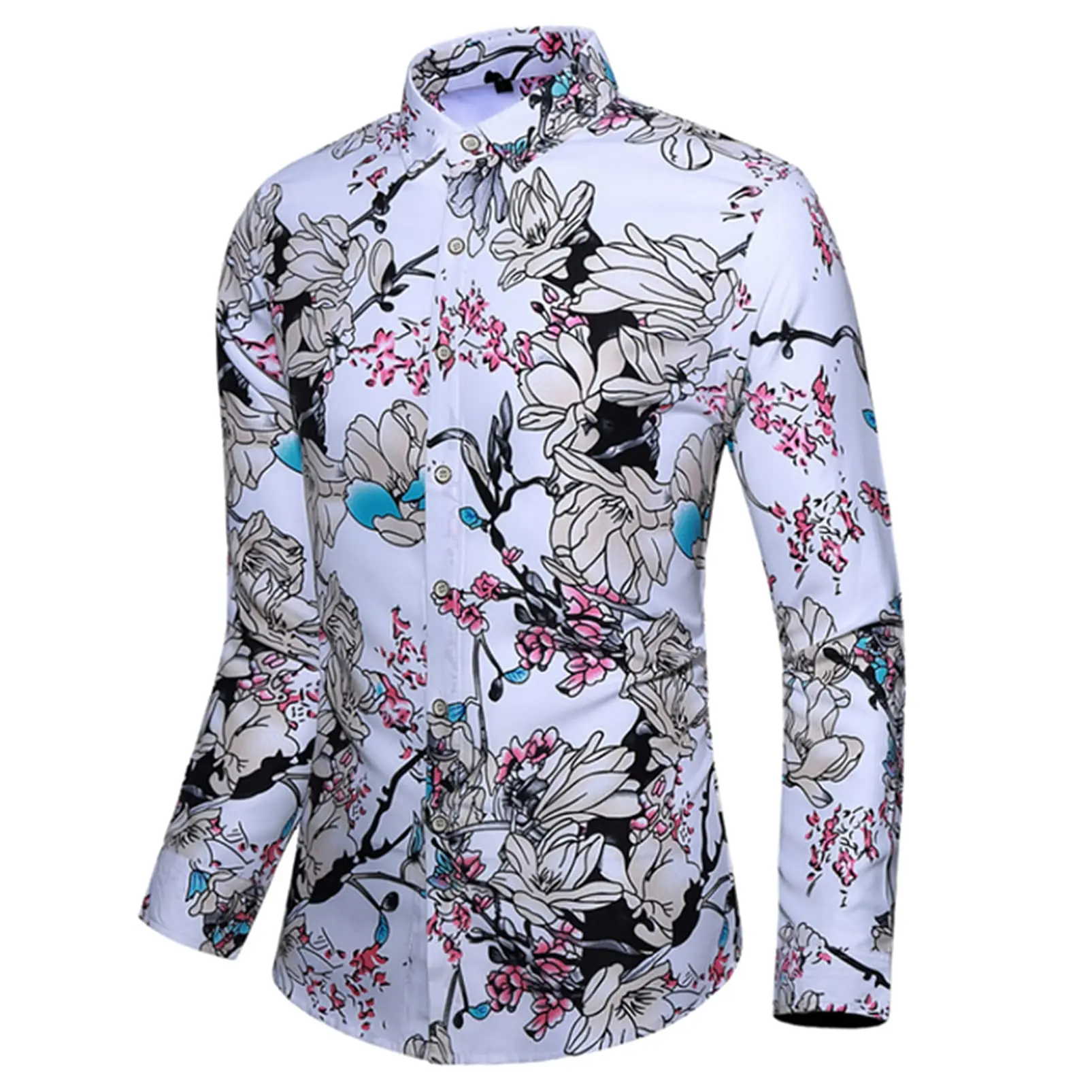 Moda fiore rosa modello stampa 3D camicia a maniche lunghe da uomo autunno camicia abbottonata festival casual bavero abbigliamento da uomo