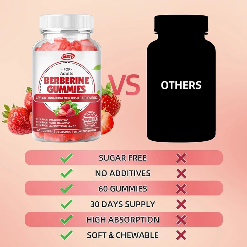 Berberine contains Ceylon cinnamon gummies - used for immune health, metabolism, sugar free strawberry flavor, 60 gummies