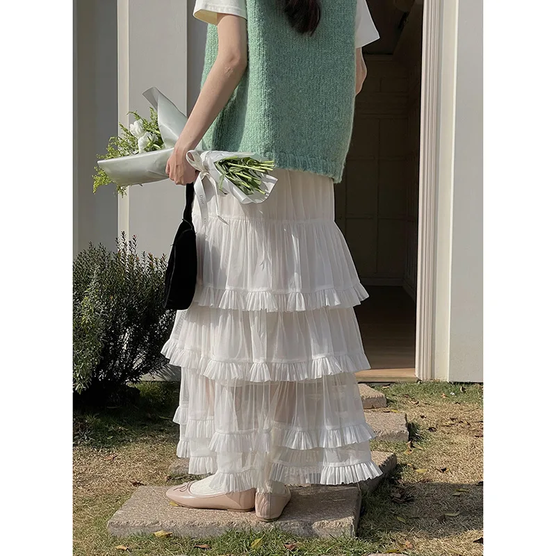 

Женская юбка из полиэстера с кружевной отделкой в стиле ретро, 3 цвета, высокая талия, тонкая, вязаная, весенняя коллекция, от Guangzhou Ge Ming Clothing Fairy Lake