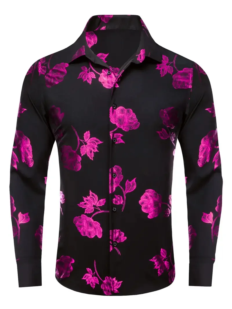 Lavender purple men's shirt luxury collar long sleeved shirt jacquard shirt suitable for 3D striped printed men's top