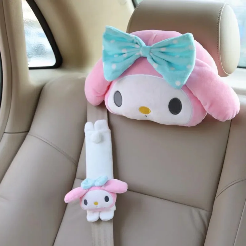 Sanrio Cartoon Car Headrest Neck Pillow Kuromi My Melody Universal Seat Lumbar Safety Belt Cover Auto Interior Accessories