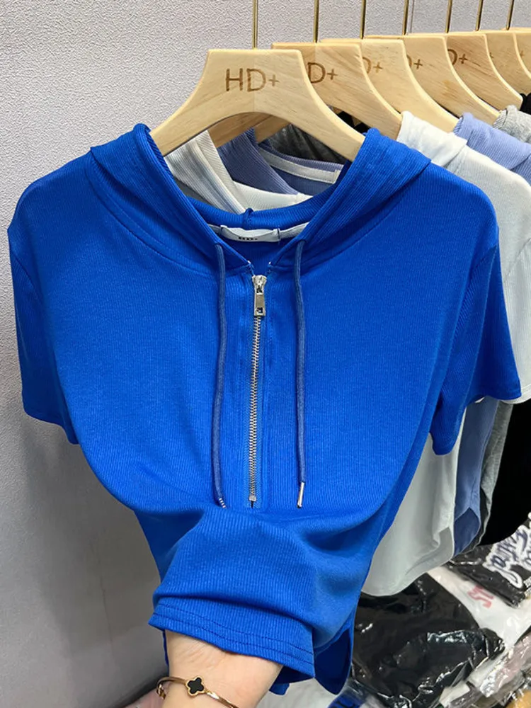 

2022 Summer Skinny Fit Hooded Zipper T-shirt Women Fashion Small Tshirt Solid Color Short Sleeve Top Tees High-low Hemline