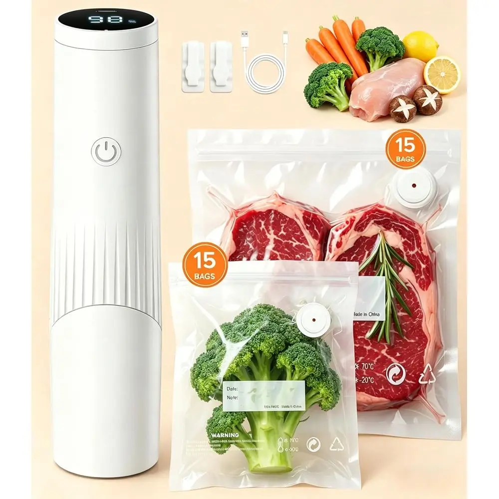 

1800mAh Compact Vacuum Sealer with 30 Reusable Bags, 80kPa, LCD Display, Visible Water Tank for Meal Prep