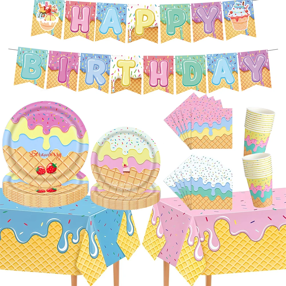 Décorations de fête sur le thème de la crème glacée : Assiettes, serviettes, bannière, gobelets, nappe pour enfants et filles – Fournitures