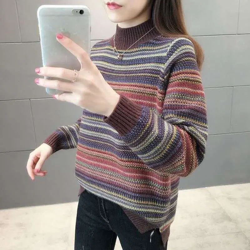 Women Autumn Winter Korean New Half High Neck Pullover Sweater Loose Lazy Striped Warm Knitted Shirt Versatile Long Sleeve Tops