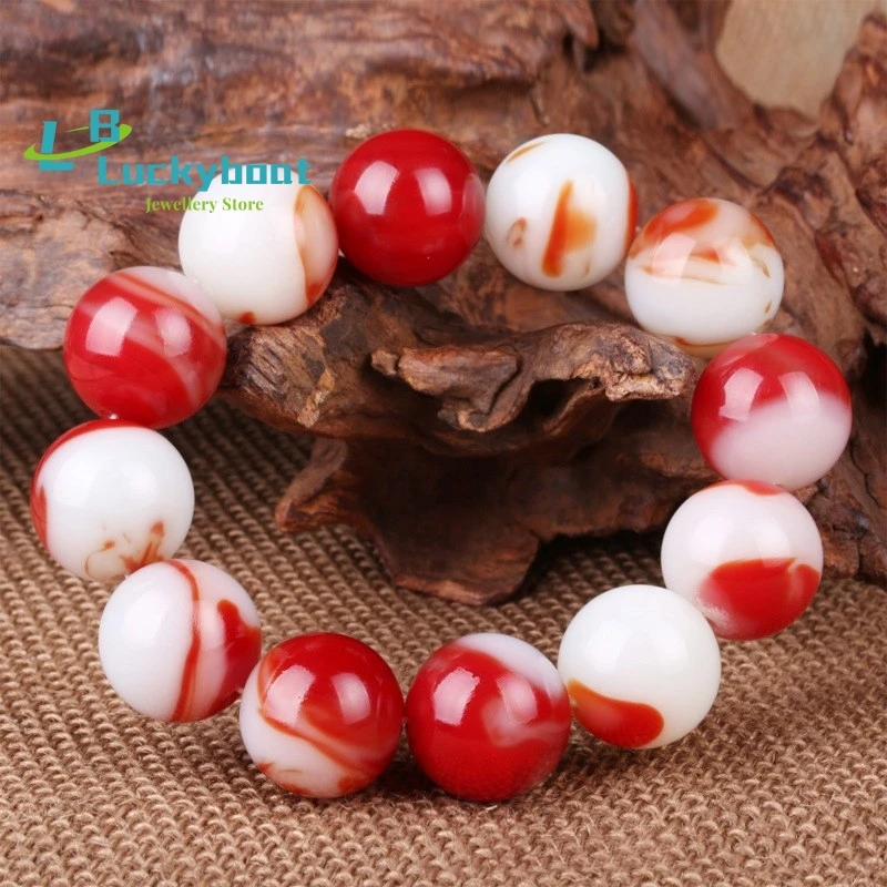 

Natural Color Hand Carved 18mm Round Bead Jade Bracelet Fashion Jewelry Men's and Women's Red and White Bracelet GiftAccessories