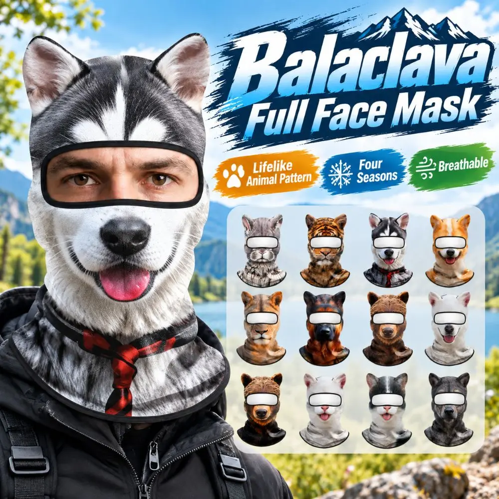 Animal Pattern Balaclava Mask Ice Silk Windproof Full Face Mask Breathable Skin Friendly Eared Head Cover Cycling/Party/Outdoor