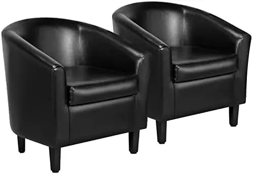 Barrel Chairs Set of 2, Faux Leather Club Armchairs, PU Leather Accent Chairs with Soft Padded Seat for Living Room