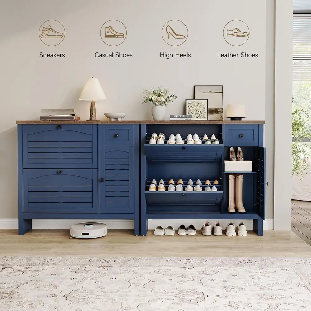 Scarpiera blu navy con 2 cassetti, 1 cassetto, armadietto laterale, organizer per scarpe ventilato e ripiani regolabili per ingresso