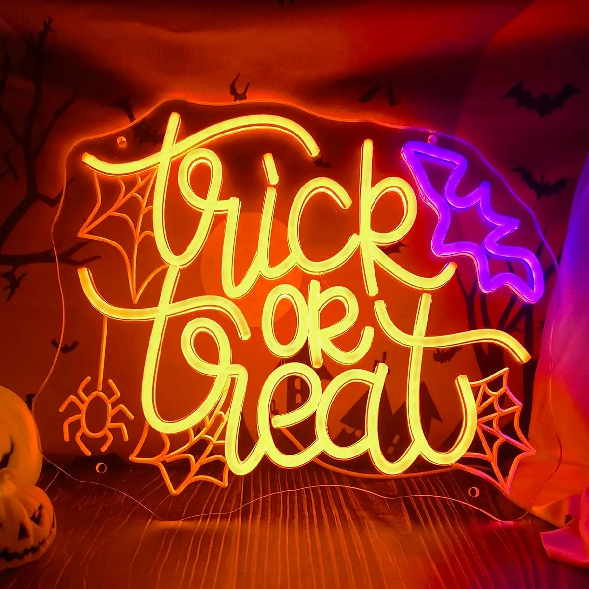 

Светодиодная неоновая вывеска «Кошелек или жизнь» с регулируемой яркостью через USB, неоновая лампа на Хэллоуин, паутина, летучая мышь для домашнего декора, оконный дисплей, подарок на Хэллоуин