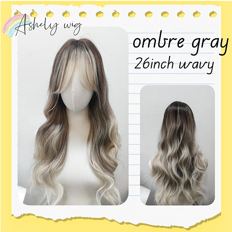 

Ombre Gray Wig with Bangs Curly Hair Wig for Women Fashion Hairstyle Lolita Wigs High Temperature Fibers Synthetic Headband Wigs