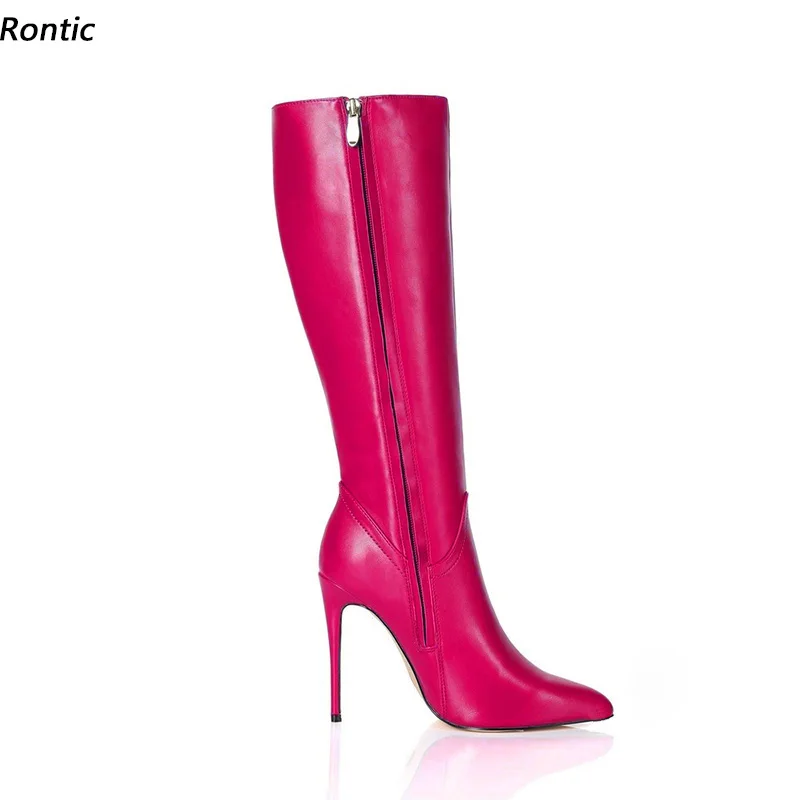 

Rontic Handmade Women Winter Knee Boots Unisex Side Zipper Stiletto Heels Pointed Toe Gorgeous Fuchsia Party Shoes US Size 5-15