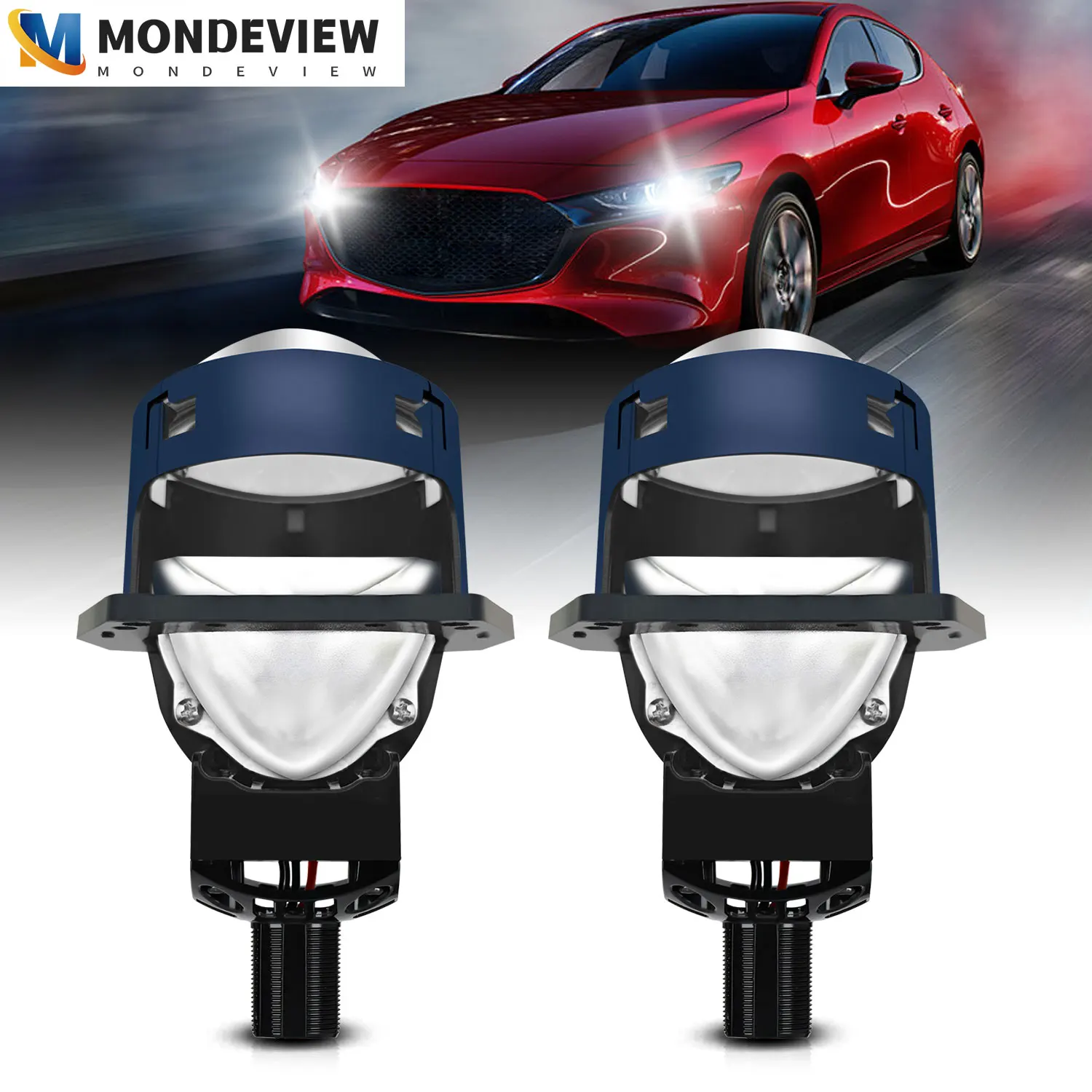 MONDEVIEW 2pcs H4 H7 9005 9006 T03 3-inch truck LED dual lens projection headlights 6000K 80W car daytime running lights