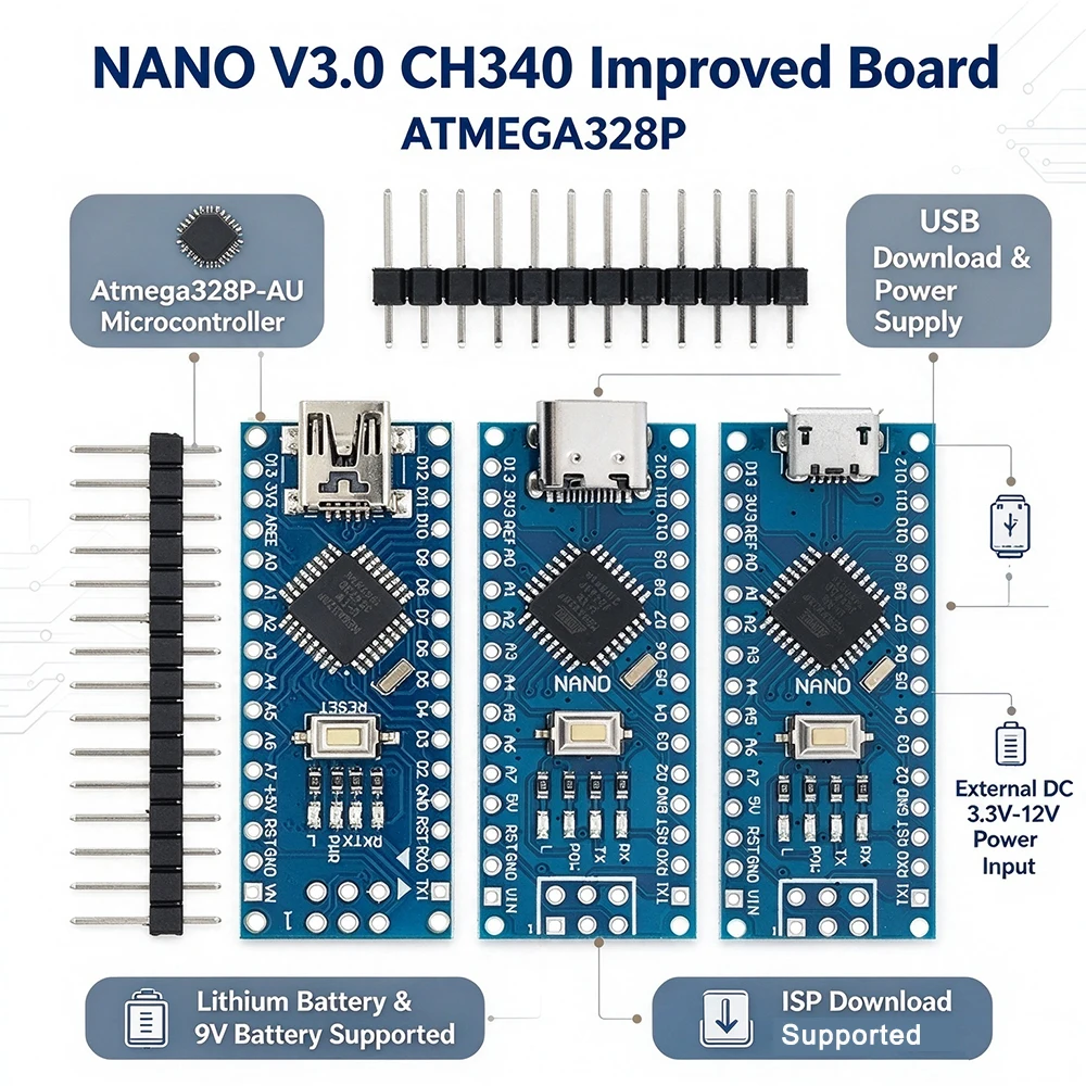 10PCS Nano 3.0 with the Bootloader Compatible Nano Controller for arduino CH340 USB Driver 16Mhz ATMEGA328P Mini / Type-C /Micro