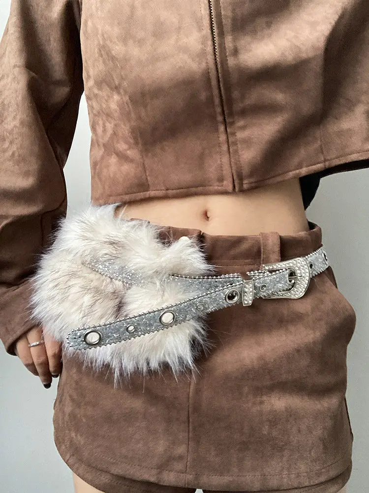 

Y2K Faux Fur Rhinestone Belt, Niche Hot Girl Jeans Belt