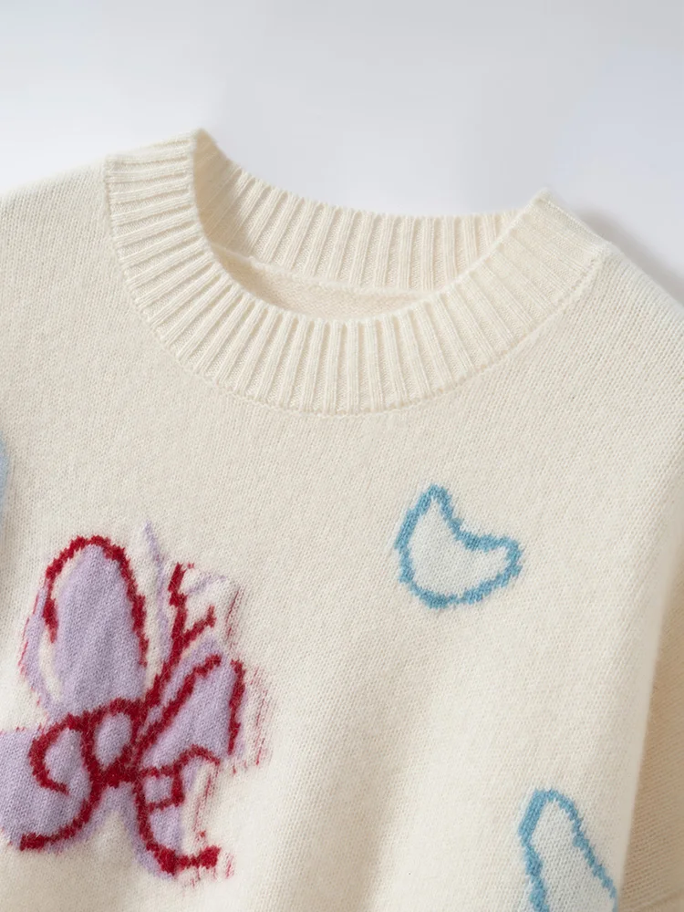 

CHIICUU Women 100% Cashmere Sweater Butterfly Jacquard O-neck Long Sleeve Pullover Autumn Winter Luxury Design Cashmere Knitwear