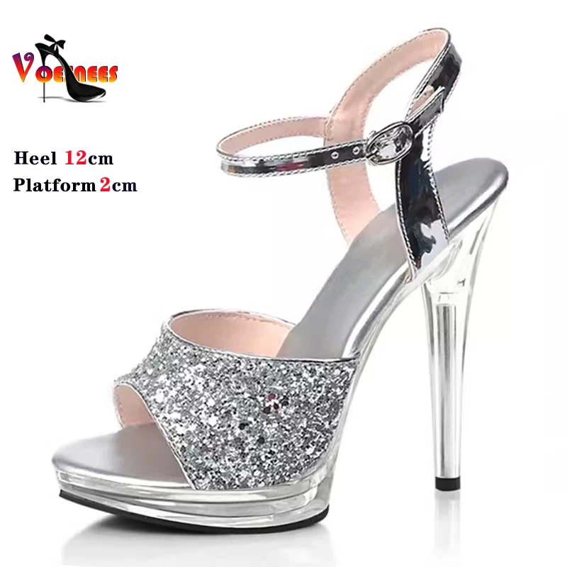 Solid Blue Women\'s Sandals With Heels 12cm Pole Dancing Practice Shoes Thin Heel Clear Crystal Platform Party Wedding Shoes