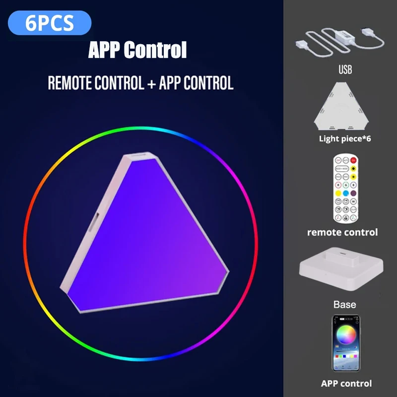Smart Triangle LED Light 6pcs USB Powered DIY APP Control RGB Indoor Atmosphere Light Music Sync Game Room TV Bedroom Decoration