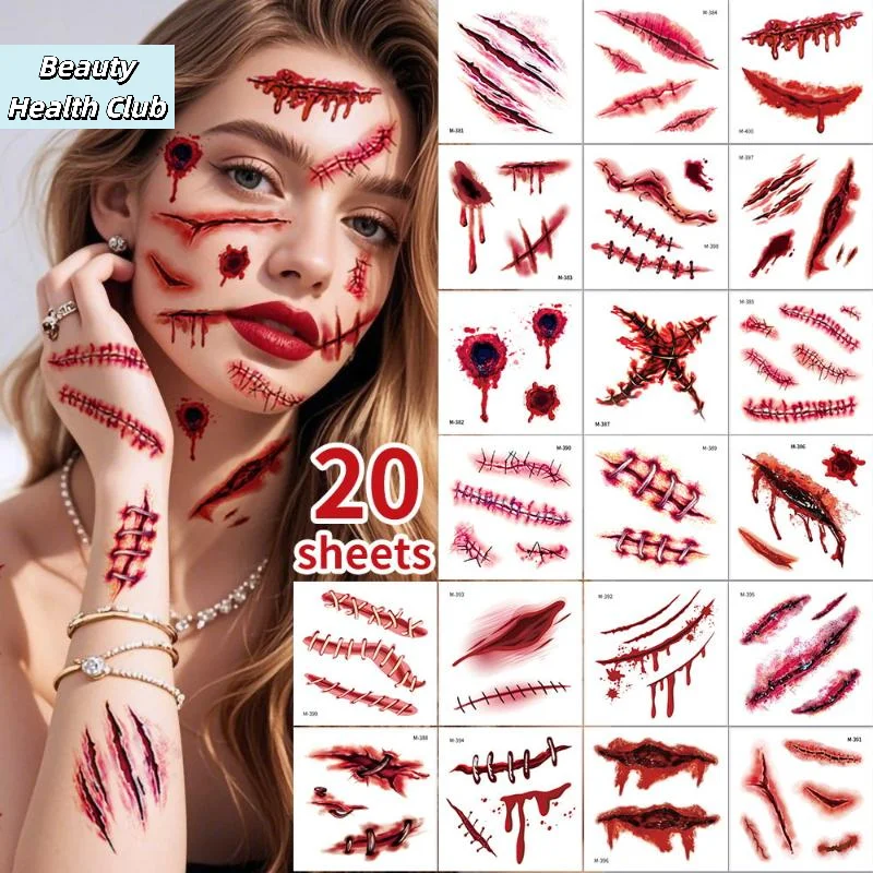 

【20Sheets 3D Realistic Scar Tattoos Waterproof Fake Bloody Wound Stickers For Halloween Cosplay Face & Body Makeup Adults​​】