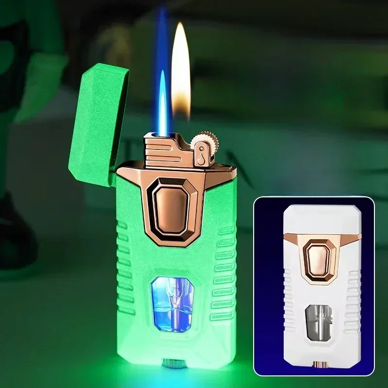 Metal Windproof Double Jet Flame Butane Gas Lighter Transparent Oil Window LED Blue Light Originality Personalized Cigar Lighter