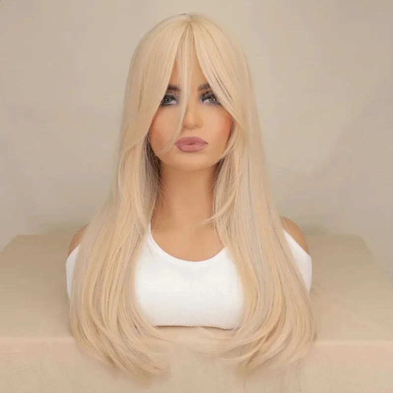 

Light Blonde long straight synthetic wig suitable for bla women with bangs cosplay heat-resistant wig party daily 241009