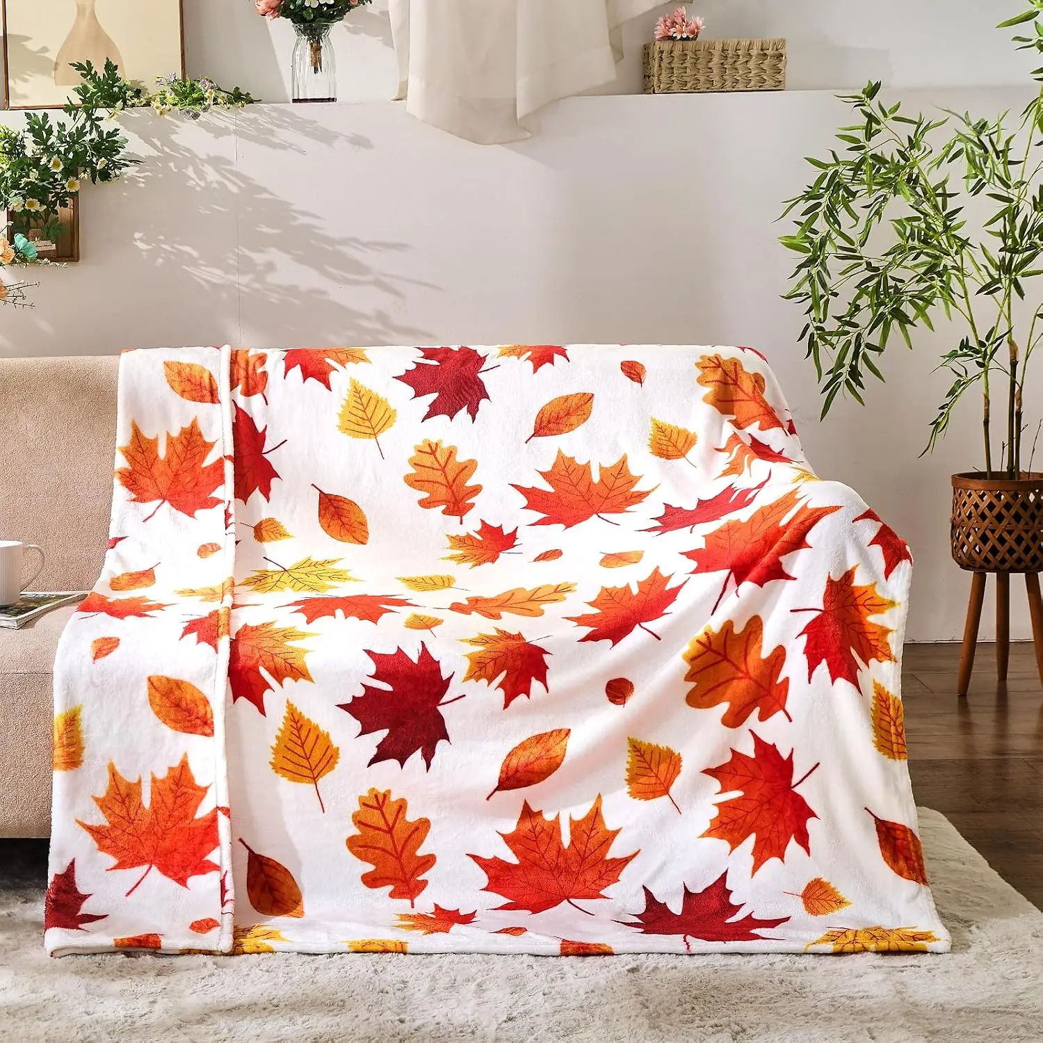 Fall Leaf Throw Autumn Blanket Fall Birthday Gift for Women Mom Girls Thanksgiving Halloween Fall Leaves Throw for Couch Sofa Bed Chair 50