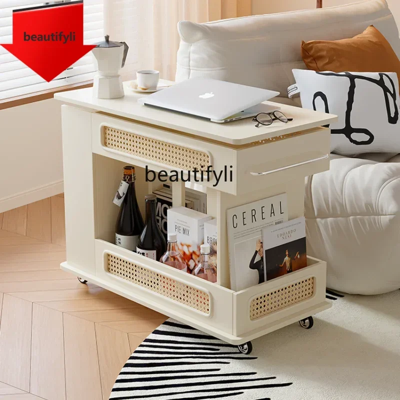

K185 French Cream Style Rattan Coffee Table Movable Adjustable Small Coffee Table Sofa Side Cabinet Living Room Storage Table