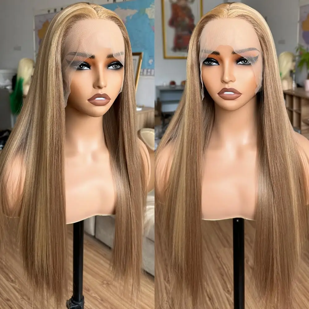 

Highlight P4/27 Bone Straight 13x6 Lace Frontal Wig Human Hair 40 30 Inch Ombre Brown Colored Wig Brazilian Hair Honey Blonde