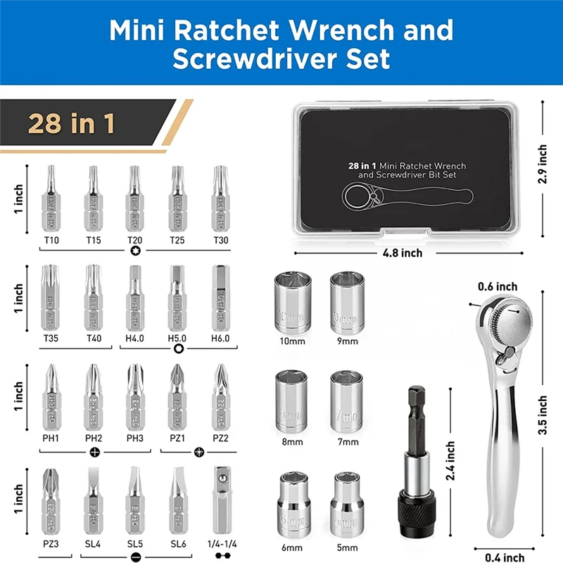 28 in 1 미니 라쳇 렌치 세트 (직각 오프셋 1/4인치 72T 스크루드라이버 핸들 마그네틱 톡스 비트 포함)