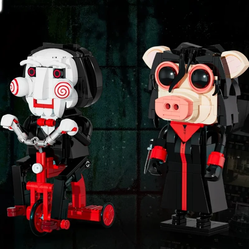 JAKI Chainsaw Massacre Series Building Blocks Billy The Puppet Pig Mask Assembly Model Salll Tape Recorder Toy Ornament Gift view 2