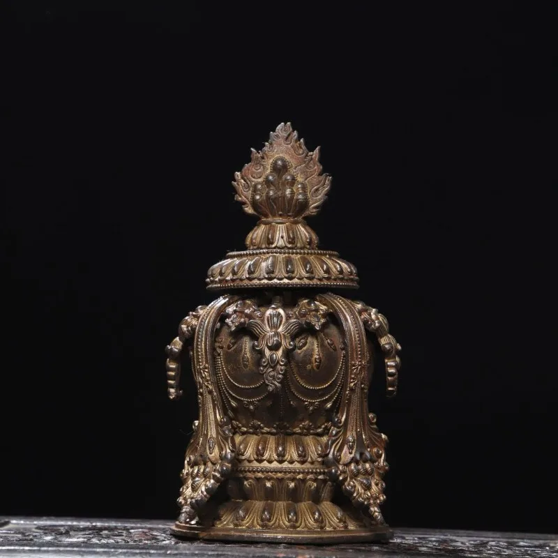Vintage Gilded Tibetan Treasure Vase Ornament Tibetan Buddhist Ritual Jar Engraved Pot Altar Worship Home Decor