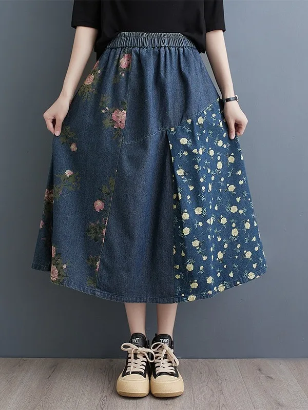 

Loose Floral Print Half Skirt High Waist Elastic Waist Patchwork Denim Skirt Casual Commute Style A-Line Long Skirt for plus ...