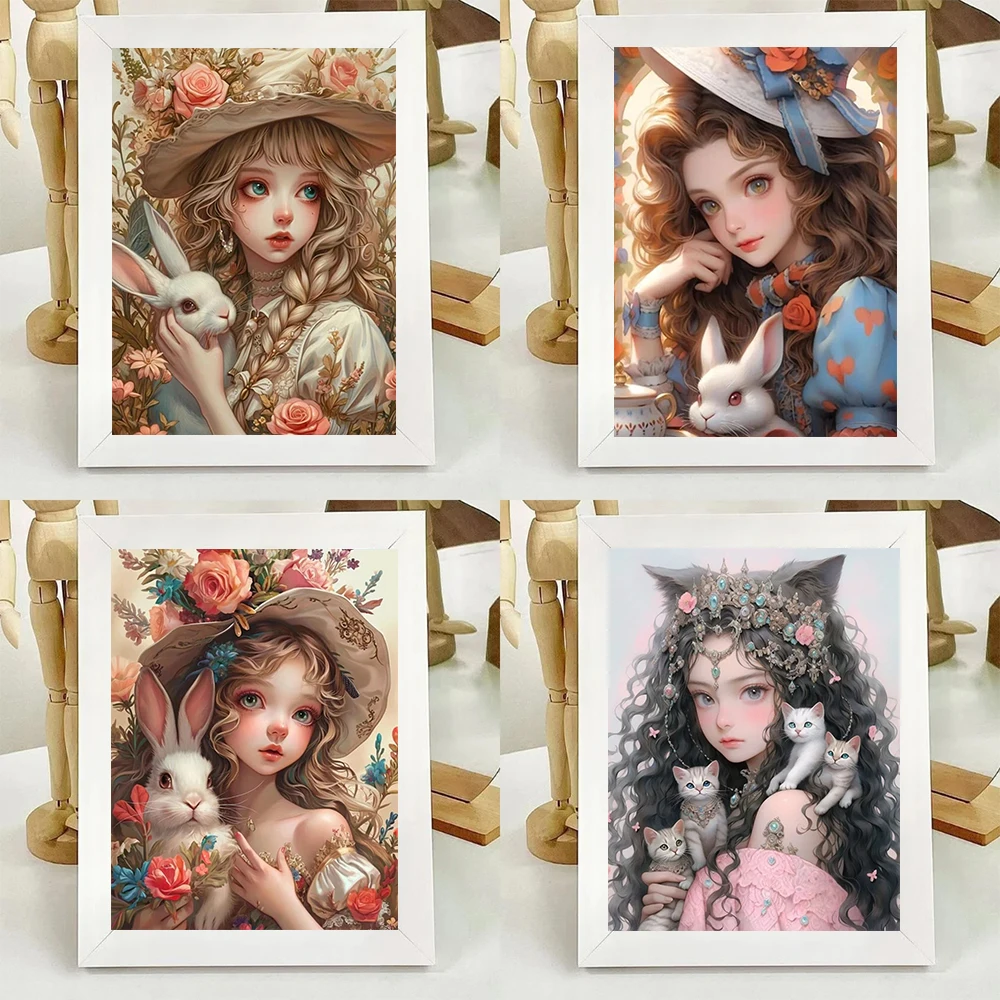 5D DIY Cute Girls And Little Animals With Flowers Full Drills Colorful Diamond Painting Mosaic Kits Embroidery Cross Stitch