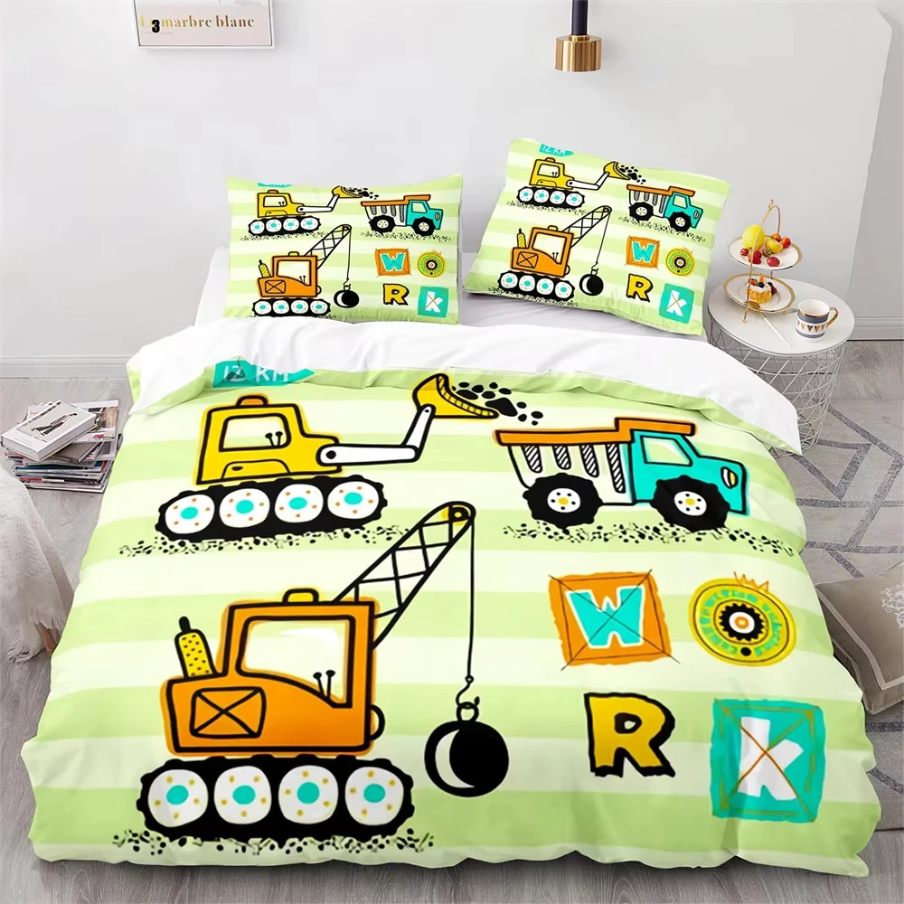 Construction Vehicle Duvet Cover Twin Queen Size Cartoon Car Excavator Tractor Bedding Set Cute Equipment Trucks Comforter Cover