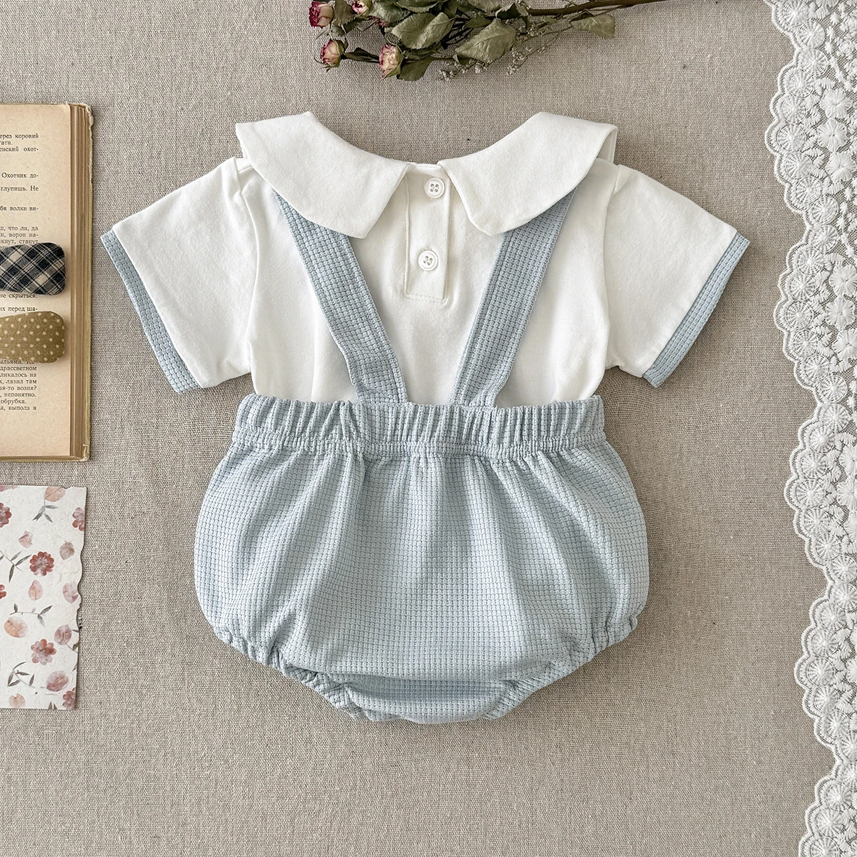 Newborn Clothes Cute Cartoon Embroidered Little Bear Strap Fake Two Comfortable Summer Boys Girls 0-18M Short Sleeve Baby Set
