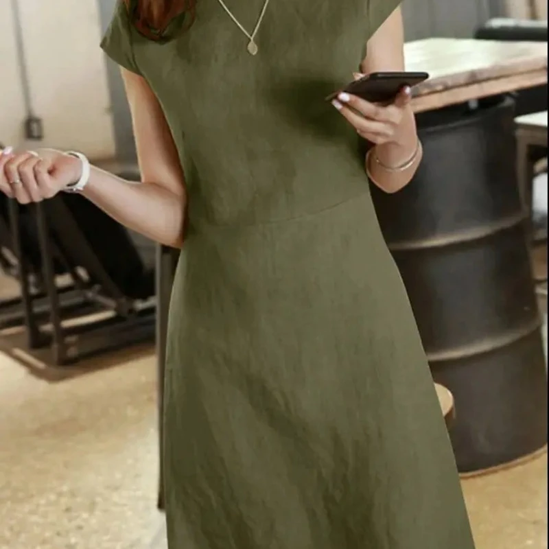 2025 Lente Katoen Linnen Damesjurken O-hals Korte Mouw A-lijn Casual Jurken Vrouwelijke Trendy Mode Losse Kleding Dames
