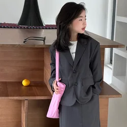 Girls Suit and Skirt Set Spring and Autumn New Korean Fashion Solid Color Simple Loose Casual Coat Long Skirt 2 Piece Set