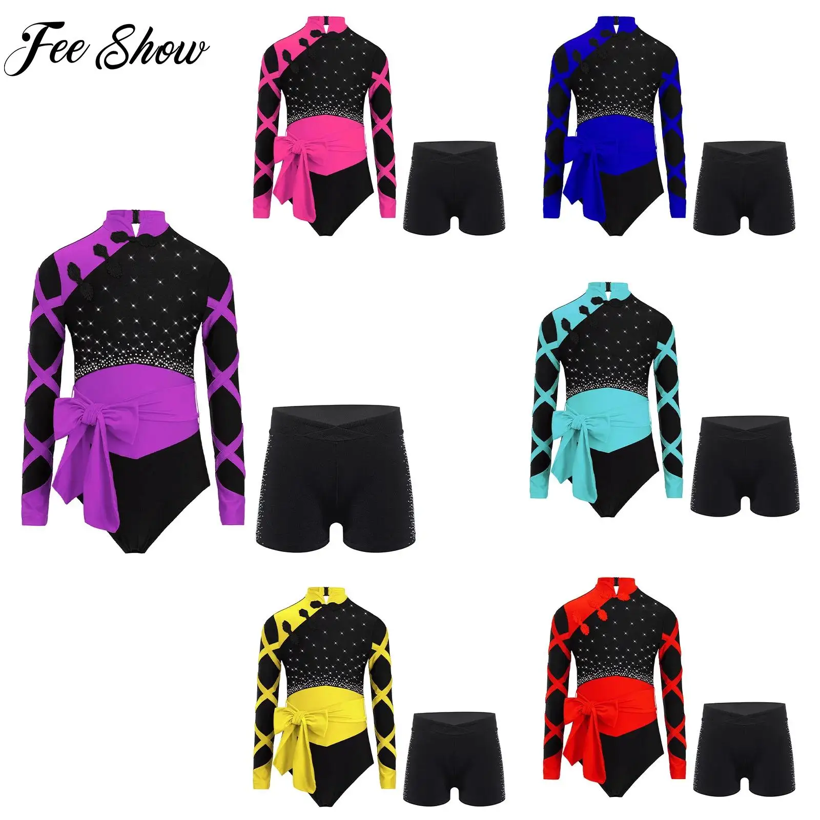 

Kid Girl Ballet Dance Gymnastics Outfit Chinese Style Mandarin Collar Long Sleeve Rhinestones Leotard with Belt And Shorts Set