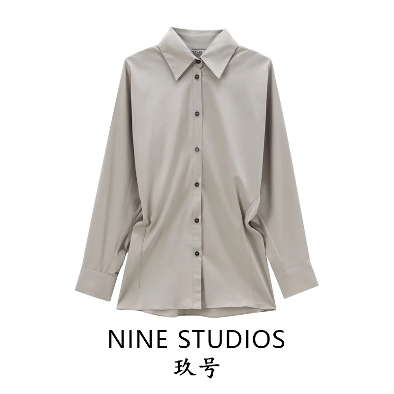 

NINE ZAR Women's Slim Fit Long Sve Cotton irt Pure Color Button Decorated Waist Cinching European Sle Faion irt