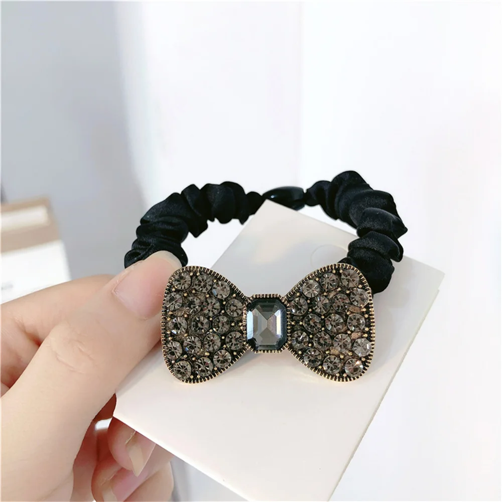 Fashion Luxury Rhinestone Bowknot Hair Rope Solid Color Vintage Bow Hairband for Women Girls Ponytail Bun Scrunchies Accessories