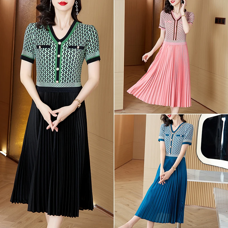 2024 Summer New Folded Dress Small Fragrant Style Checkered Splicing Fashionable High end Slimming and Stylish Large Size Skirt