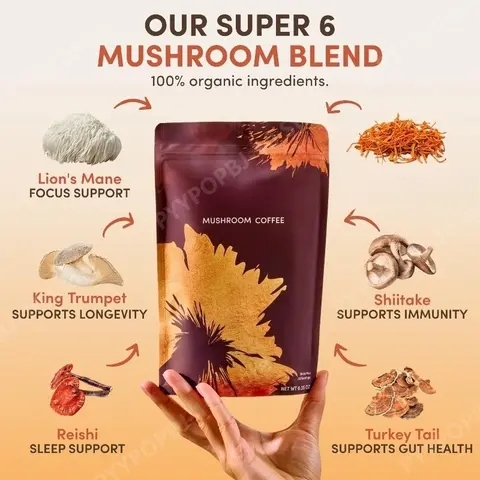 Organic Mushroom Coffee powder with 6 Types Adaptogenic Mushrooms MCT Oil Enhance focus & support immune system Brewing Use