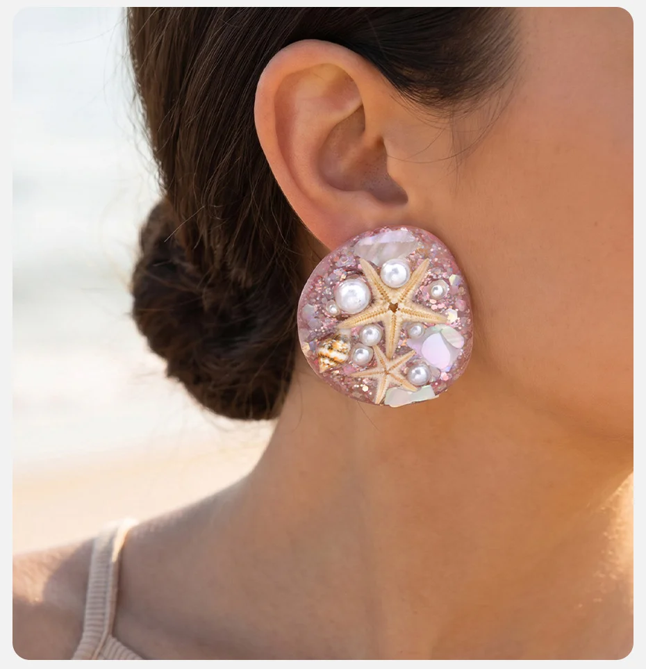 Vnox Ozean-Muschel-Seestern-Imitationsperlen-Ohrstecker mit Pailletten für Damen, Boho-Muschel-Charms-Ohrringe, Strand-Ästhetik-Schmuck – Detail 3