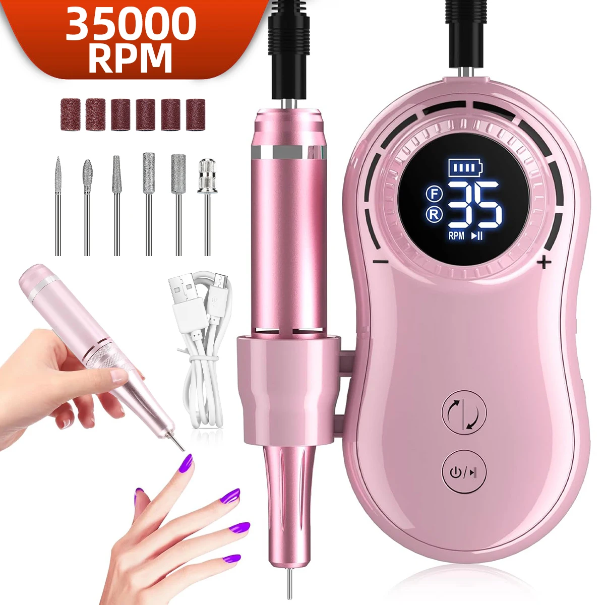 

Professional 35000RPM Electric Portable Nail Drill Machine Rechargeable Low Noise Nail Sander With LCD Display Manicure Tool