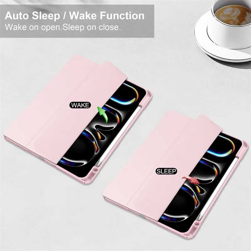 حافظة لجهاز iPad Pro 2024 ثلاثية الطي من جلد البولي يوريثان غطاء خلفي صلب ذكي لجهاز iPad Pro 13 11 بوصة 2024 M4 مع حامل قلم رصاص